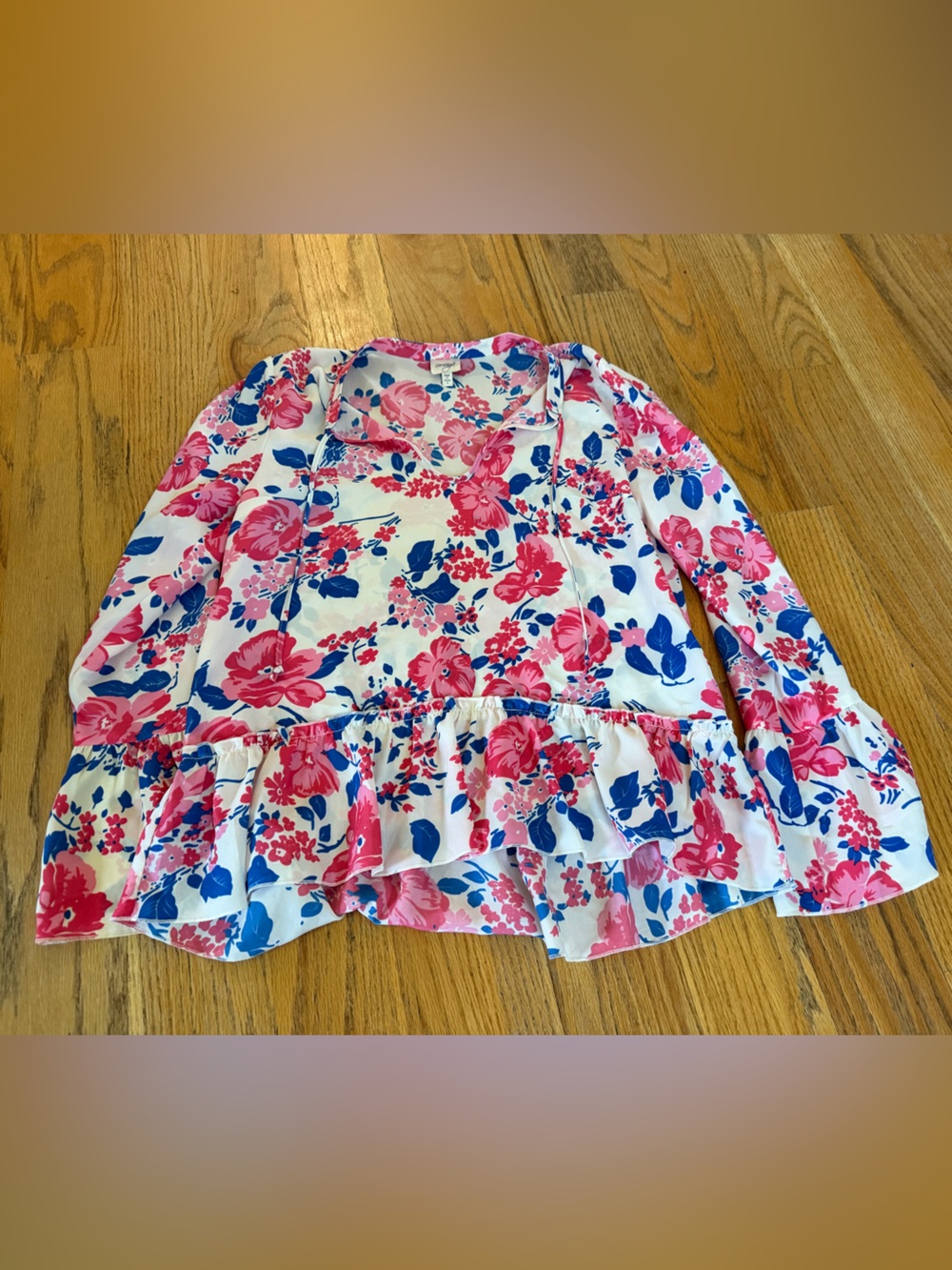 Floral Ruffle Hem Long-Sleeve Blouse - Pink & Blue